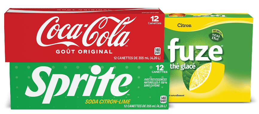 Boîtes de Coca Cola® Goût Original, Sprite Soda Citron-Lime, and Fuze thé glacé
